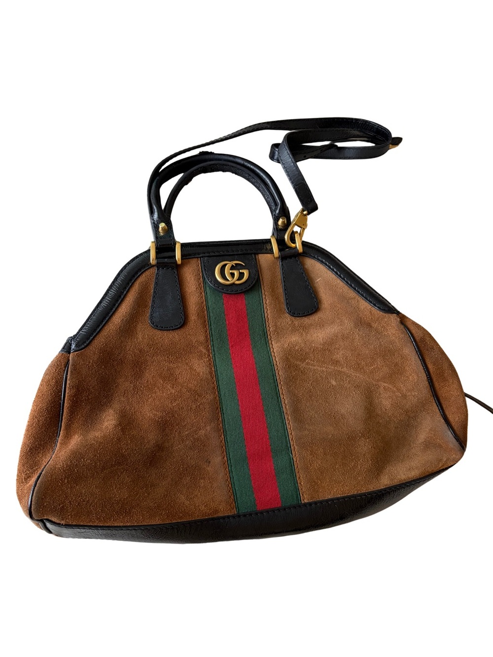 Gucci Brown Suede Black Leather Handbag - read description has wear